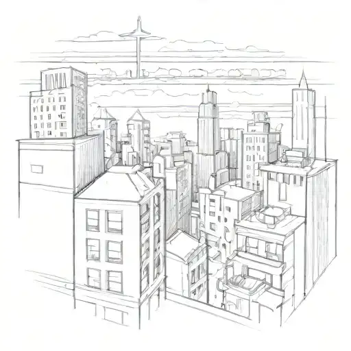 A sketch of a city skyline with a cross shape integrated into the architecture tattoo design idea