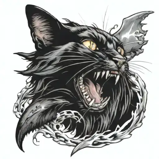 long-haired black cat biting a shark tattoo design idea