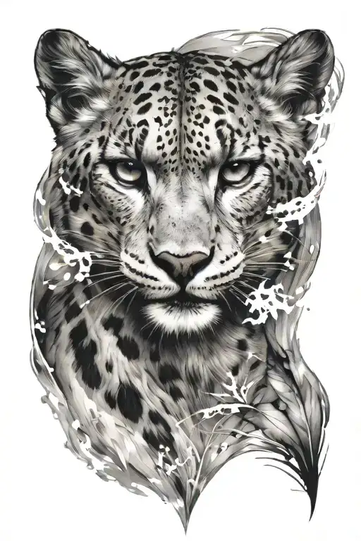 Can you design a tattoo that combines the elements of wind ice and snow with a snow leopard at its center and a owl  tattoo design idea