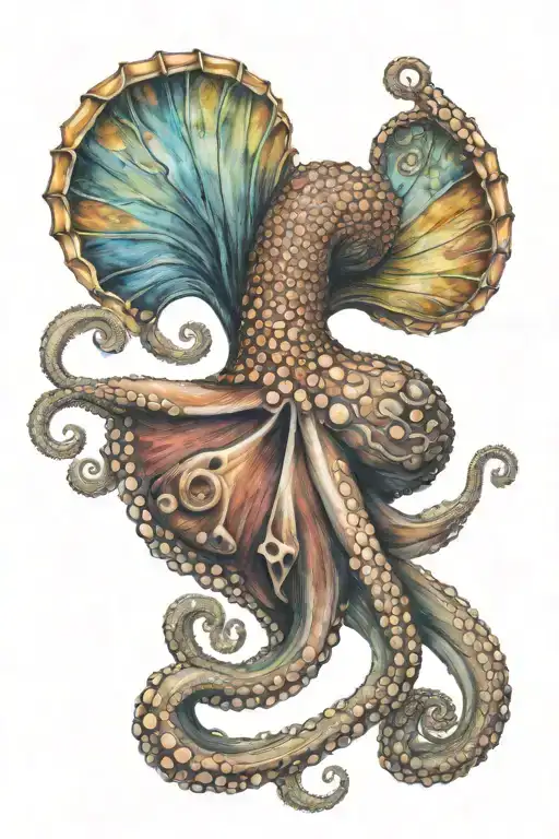 octopus on hand rainbow nautilus fibonacci shell, shells, whales, manta rays, hibiscus, plumerias, wave tattoo design idea