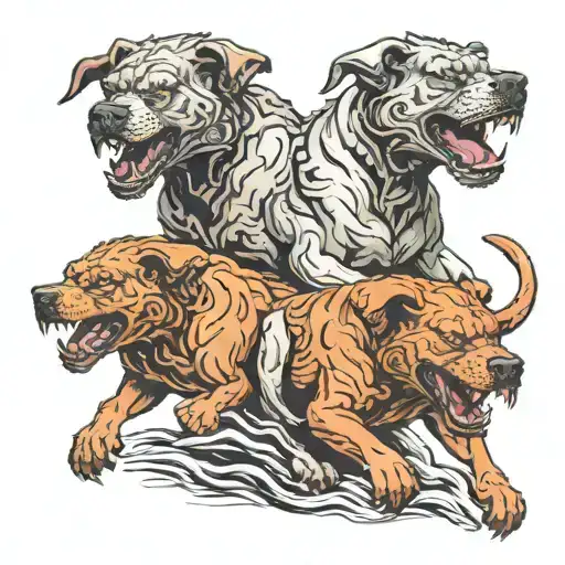 4 headed Cerberus ripping thru the skin tattoo design idea