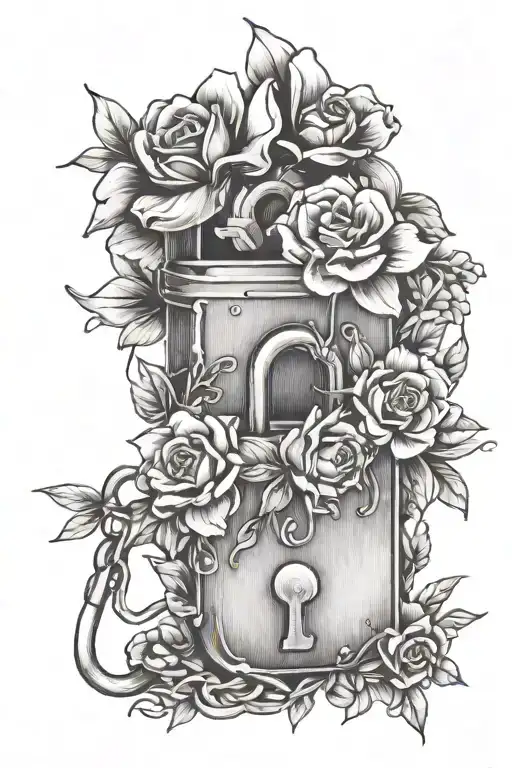 padlock with key and flowers tattoo design idea