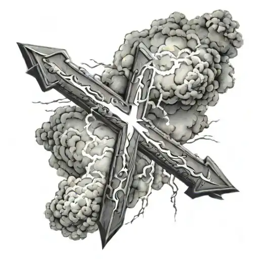 cross with clouds with lightning bolt   tattoo design idea