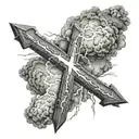 cross with clouds with lightning bolt   tattoo design idea