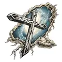 cross with clouds with lightning bolt   tattoo design idea