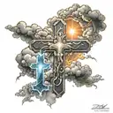 cross with clouds with lightning bolt   tattoo design idea