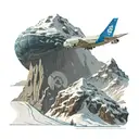 Boeing 747 flying above a snowy mountain with a windy road that has a blue VW beetle driving on it tattoo design idea