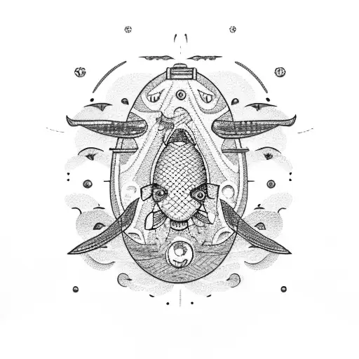 A dotwork tattoo of a tractor trailer hauling a giant fish, surrounded by waves and seagulls tattoo design idea