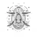 A dotwork tattoo of a tractor trailer hauling a giant fish, surrounded by waves and seagulls tattoo design idea