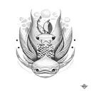 A dotwork tattoo of a tractor trailer hauling a giant fish, surrounded by waves and seagulls tattoo design idea