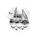 A dotwork tattoo of a tractor trailer hauling a giant fish, surrounded by waves and seagulls tattoo design idea