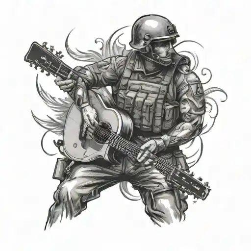 A tattoo design of a jægerkorps soldier with a guitar, combining your love for music and being in the special forces tattoo design idea