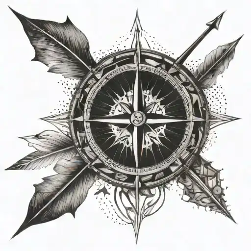 An intricate compass design with arrows pointing towards a river tattoo design idea