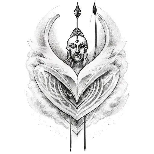 A sketch style tattoo of Eros shooting an arrow through a heart, combining the client's fascination with greek mythology and romance tattoo design idea