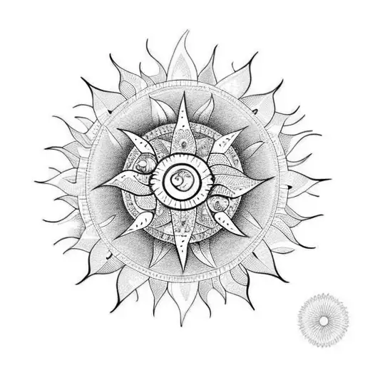 sun tattoo from "chasing the sun" video with mandala around it tattoo design idea