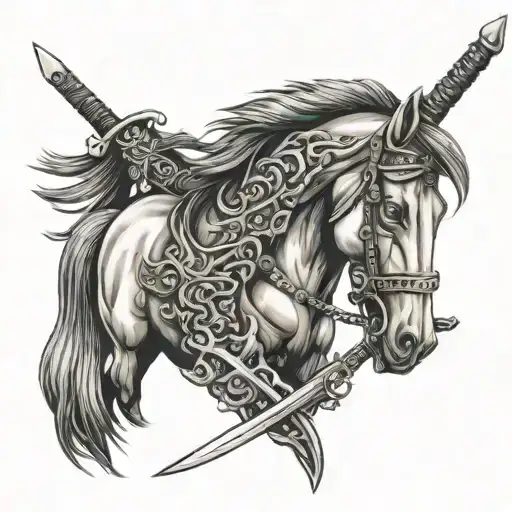 horse head with Swords Crossing tattoo design idea
