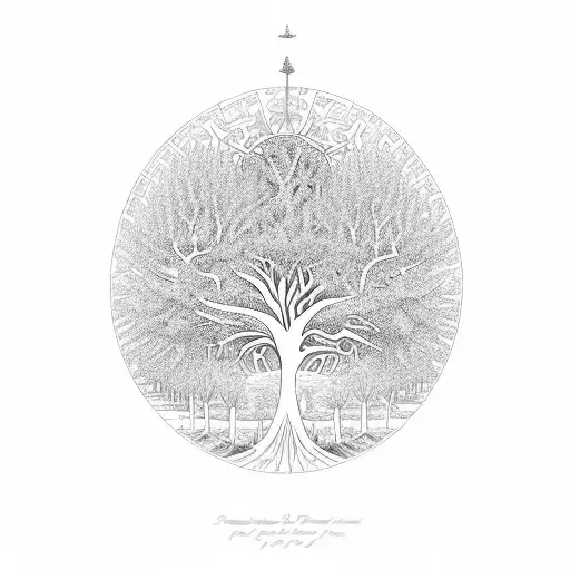 A blackwork tree of life with cardinals perched on its branches, symbolizing the interconnectedness of life and the memory of lost loved ones tattoo design idea