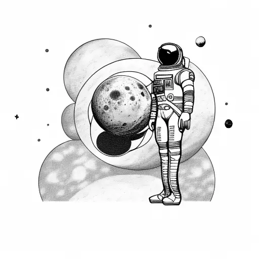 Line drawing of an astronaut on the foreground with the solar system behind. Pluto has a distinctive moon and there are  tattoo design idea
