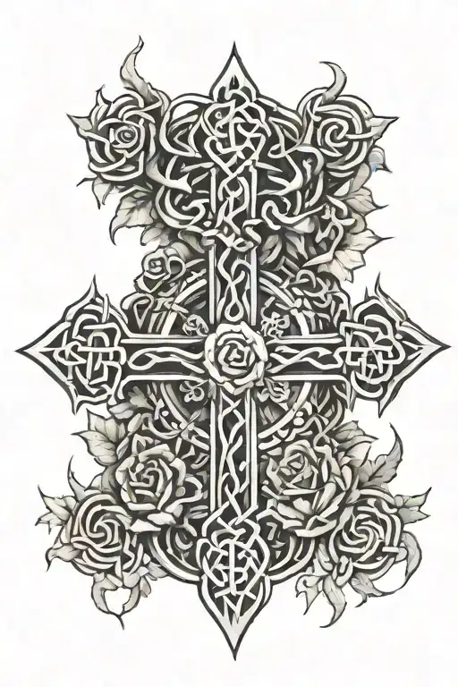 Celtic cross surroundeed by thorn crown  with rose vines hanging down tattoo design idea