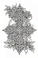 Celtic cross surroundeed by thorn crown  with rose vines hanging down tattoo design idea