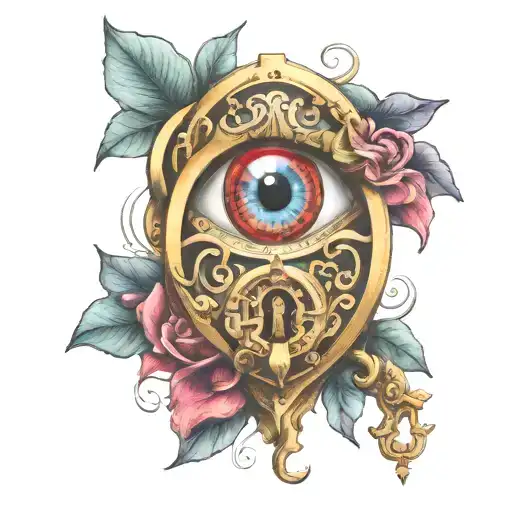 A drop flowing from the eye to the heart shaped lock tattoo design idea