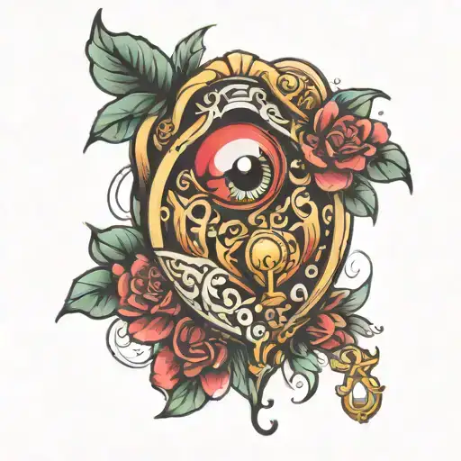 A drop flowing from the eye to the heart shaped lock tattoo design idea