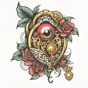 A drop flowing from the eye to the heart shaped lock tattoo design idea