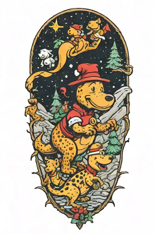 christmas and dinosaur and pooh bear and charlie brown tattoo design idea