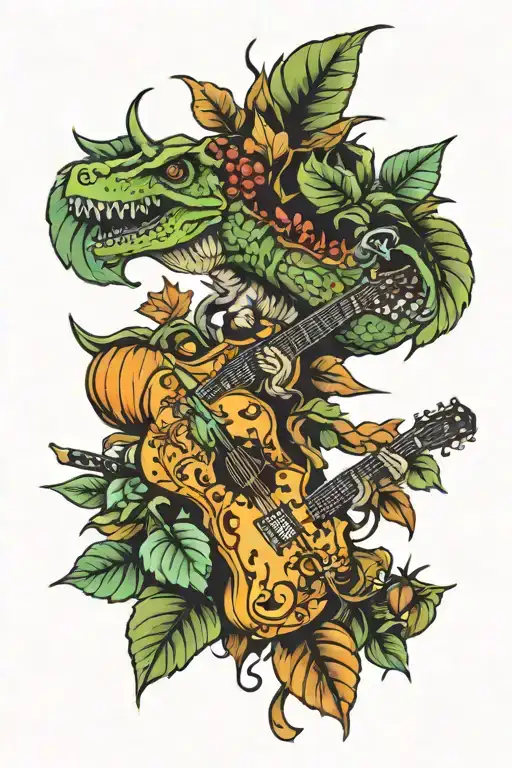 leaves and dinosaurs and guitars and pumpkins tattoo design idea
