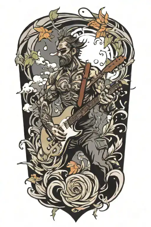 hero playing guitar with swirling leaves and storms  tattoo design idea