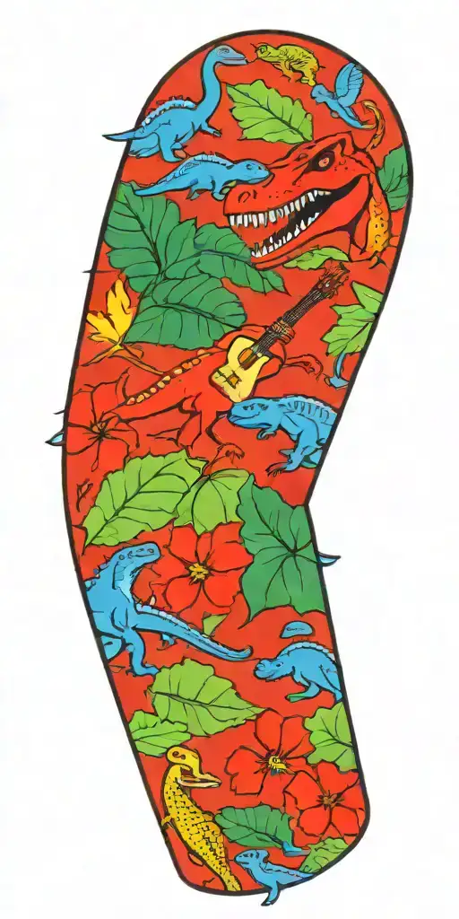leaves and dinosaurs and guitars tattoo design idea