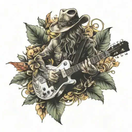 A realistic portrait of a favorite video game character playing a guitar surrounded by leafs tattoo design idea