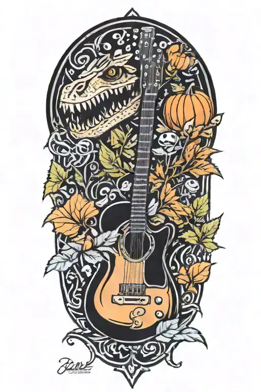 leaves and dinosaurs and guitars and pumpkins tattoo design idea