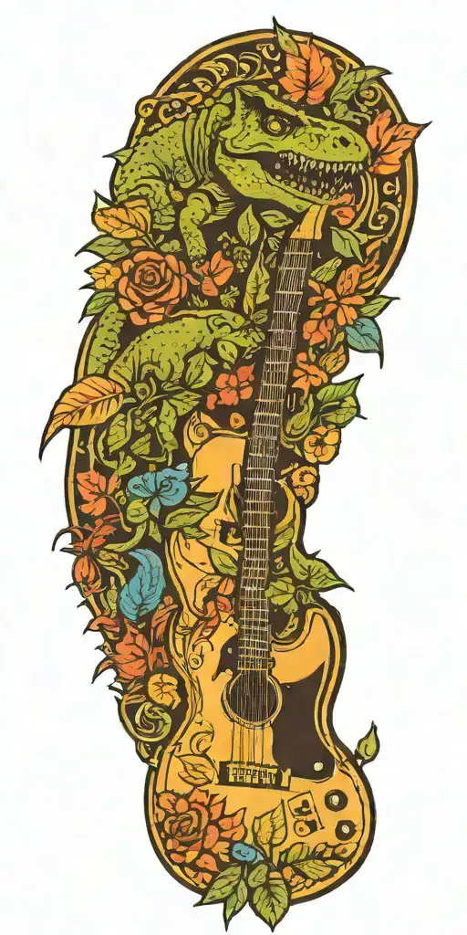 leaves and dinosaurs and guitars tattoo design idea
