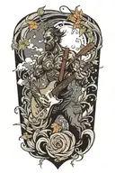 hero playing guitar with swirling leaves and storms  tattoo design idea