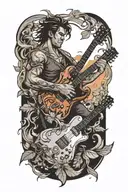 hero playing guitar with swirling leaves and storms  tattoo design idea