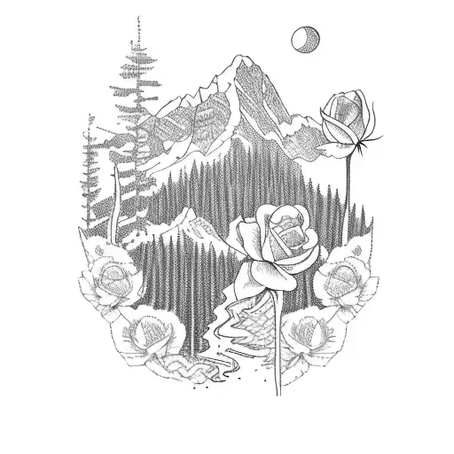 A serene Swiss landscape with a ski slope winding through the mountains and a field of blooming roses in the foreground tattoo design idea