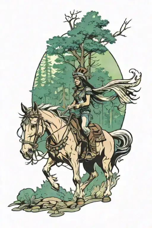 lower arm forest scene with cowboy riding a horse upper arm female Indian wearing a headdress covering her face  tattoo design idea