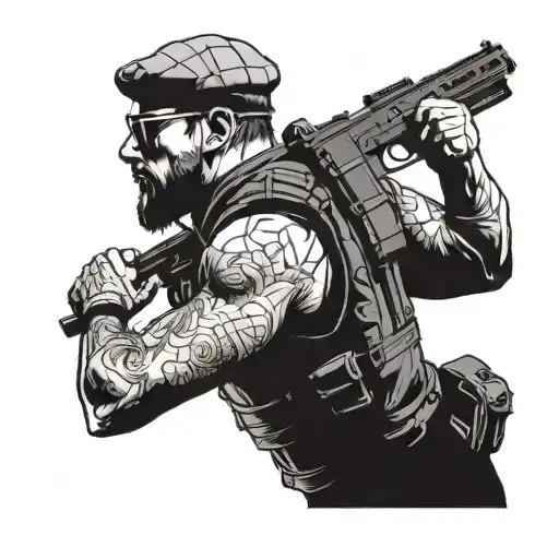A man in a bulletproof vest, tactical clothing and a beret runs forward. Side view.  tattoo design idea
