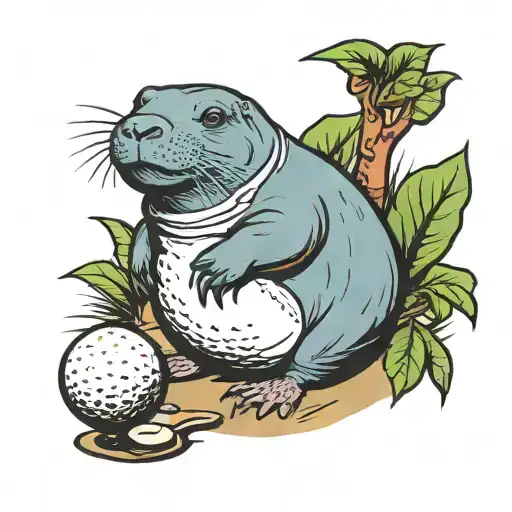 manatee, platypus, capybara playing golf ball tattoo design idea