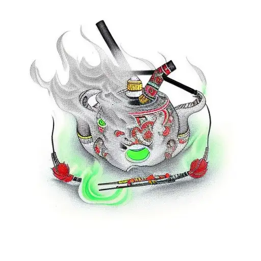 Shisha with smoke, the Shisha is black, the smoke is Neon Green and red tattoo design idea