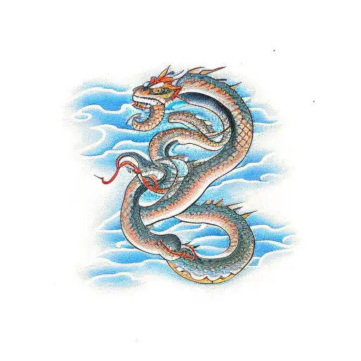 Right arm) A snake and dragon fighting each other in the sky under it will be a coy fish that is rising up the water fal tattoo design idea