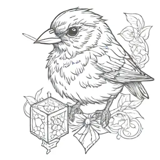 a finch wearing a top hot and a bowtie holding a d20 dice tattoo design idea