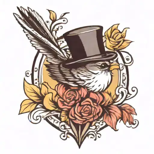 A finch wearing a top hat and bowtie tattoo design idea