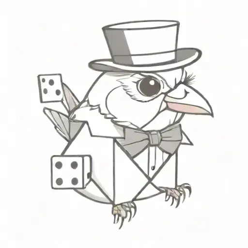 A finch, wearing a top hat and a bow tie, surrounded by dnd dice tattoo design idea