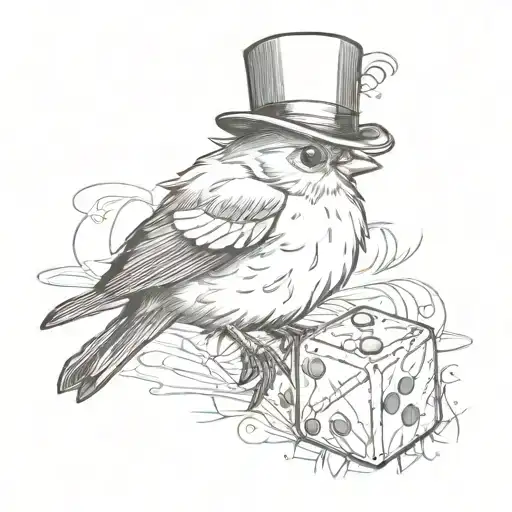 A finch, wearing a top hat and a bowtie, holding a d20 dice tattoo design idea