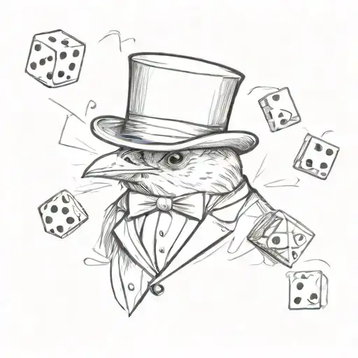 A finch, wearing a top hat and a bow tie, surrounded by dnd dice tattoo design idea