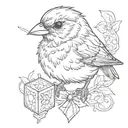 a finch wearing a top hot and a bowtie holding a d20 dice tattoo design idea