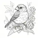 a finch wearing a top hot and a bowtie holding a d20 dice tattoo design idea