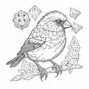 a finch wearing a top hot and a bowtie holding a d20 dice tattoo design idea